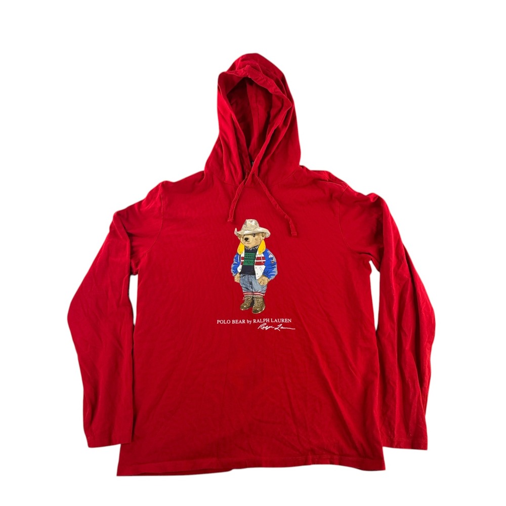Polo Ralph Lauren Hooded T-Shirt Mens L Red Cowboy Polo Bear Graphic Long Sleeve